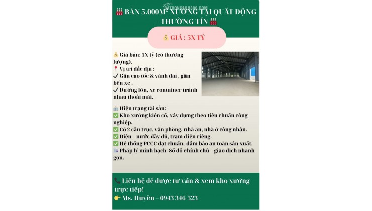  BÁN 5.000m² XƯỞNG TẠI QUẤT ĐỘNG – THƯỜNG TÍN 